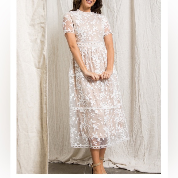 Polagram Dresses & Skirts - Polagram Eva Floral Embroidered Mesh Midi Dress